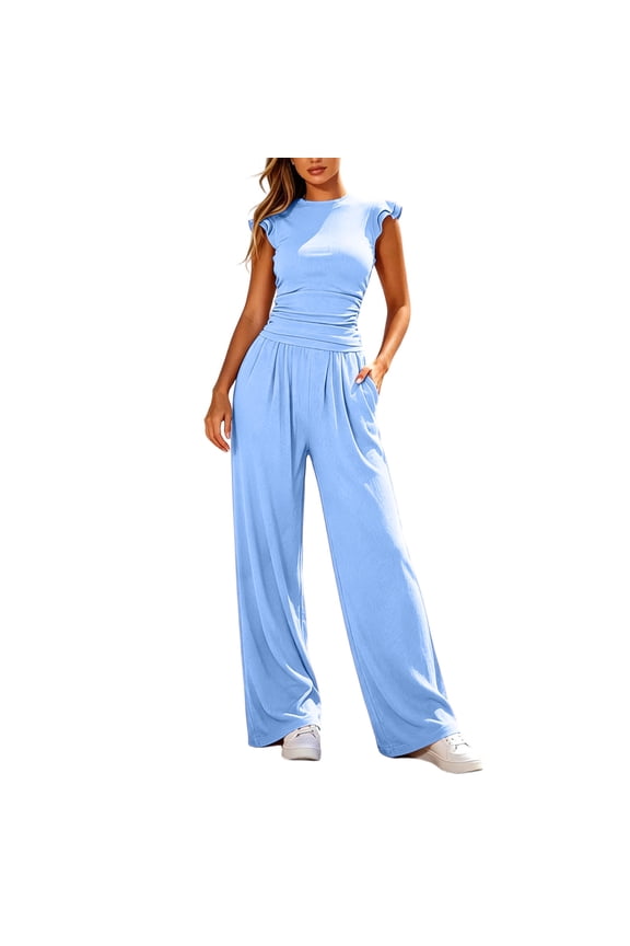 Womens Loungewear Set Summer 2 Piece Outfits Ruffle Short Sleeve Stretch Slim Fitted Tops Wide Leg Pants with Pockets Sets(XX-Large,Light Blue)