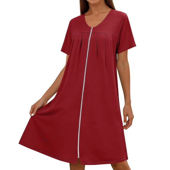 Besolor Womens Nightgown Front Zipper Pleated Crewneck Short Sleeve Housecoat Summer Lightweight Casual Knee Length Robes with Pockets