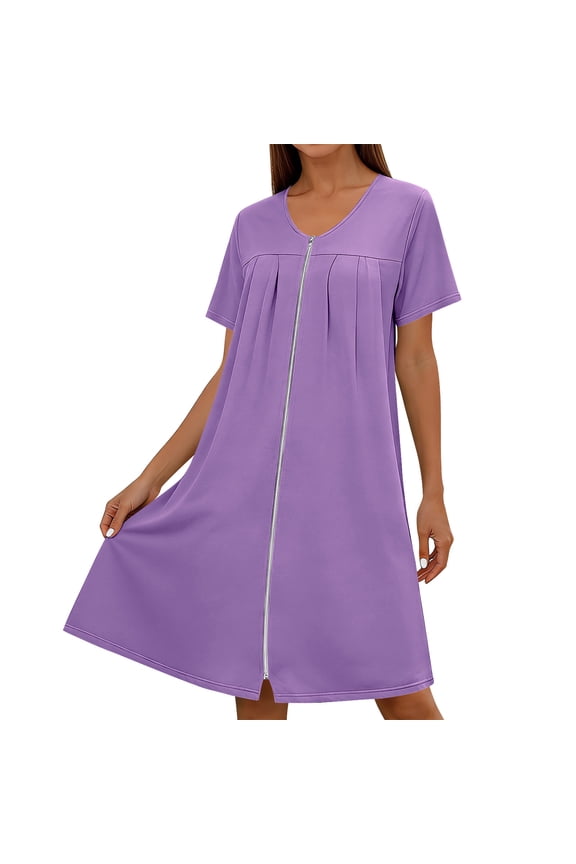 Womens Nightgown Front Zipper Pleated Crewneck Short Sleeve Housecoat Summer Lightweight Casual Knee Length Robes with Pockets