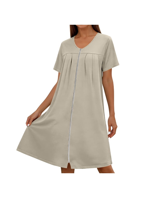 Womens Nightgown Front Zipper Pleated Crewneck Short Sleeve Housecoat Summer Lightweight Casual Knee Length Robes with Pockets