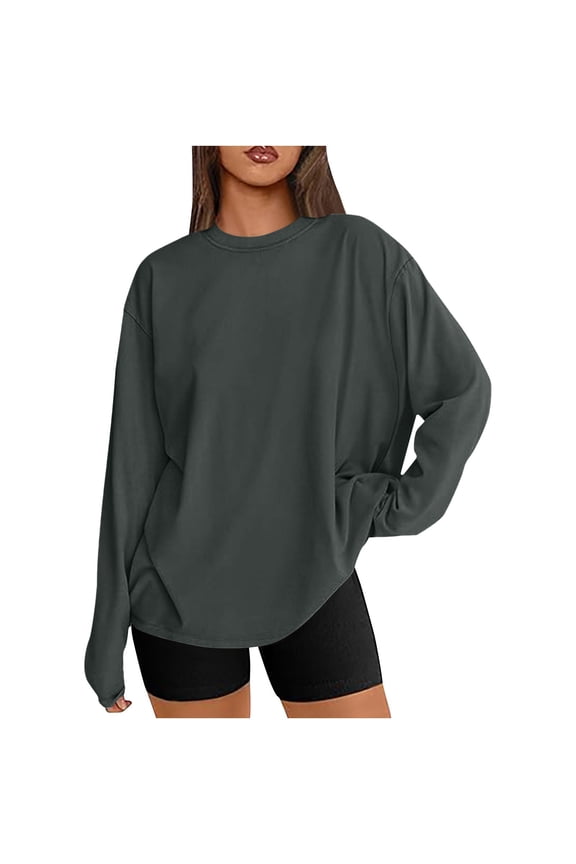 Womens Oversized Long Sleeve T-Shirts Casual Loose Crewneck Basic Tee Tops Solid Color Blouse Fall Clothes