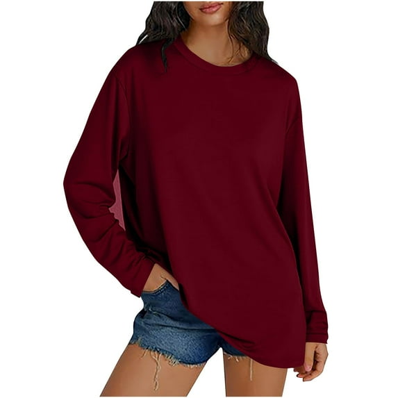 Besolor Womens Oversized Long Sleeve T-Shirts Casual Loose Crewneck Basic Tee Tops Solid Color Blouse Fall Clothes