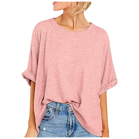 Besolor Womens Oversized T Shirts Loose Crewneck Short Sleeve Tops Summer Solid Color Casual Basic Tee Shirts