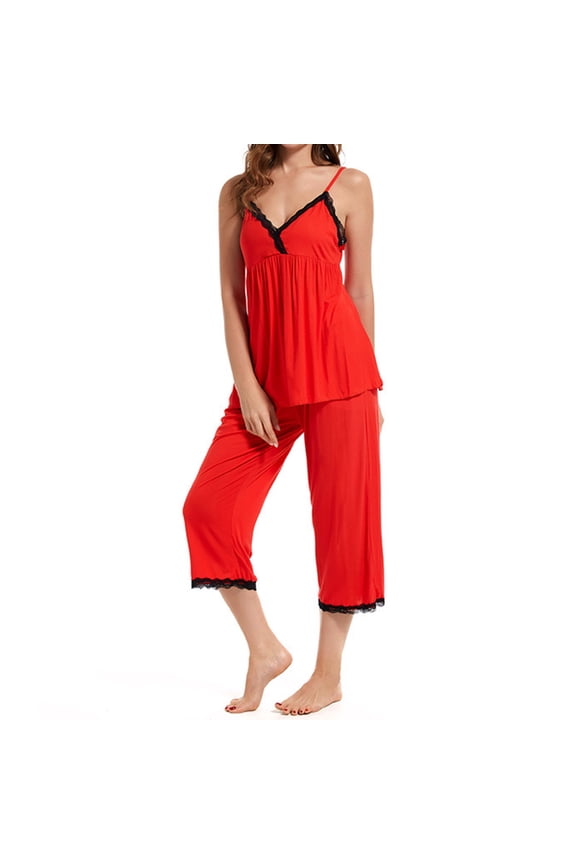 Womens Pajama Sets Lace Trim V Neck Cami Top and Capris Pants 2 Piece Loungewear Outfit Sleepwear Pjs