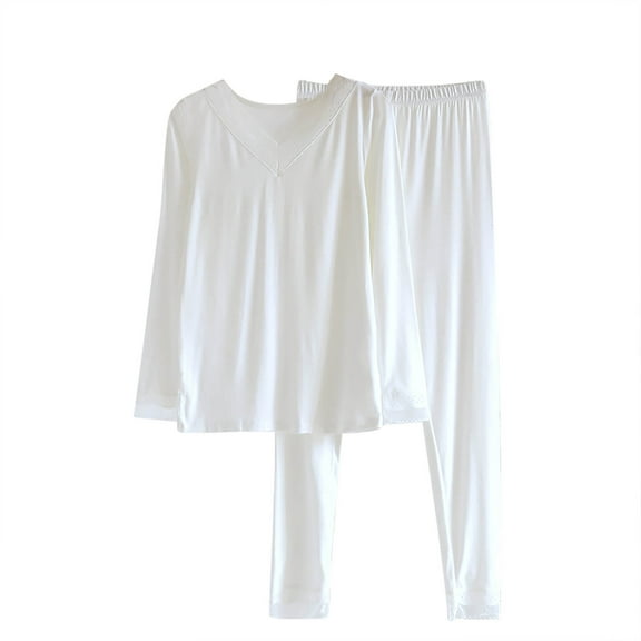 Besolor Womens Pajama Sets Sleepwear Lace Trim V Neck Long Sleeve Tops with Pants 2 Piece Outfits Loungewear Pjs