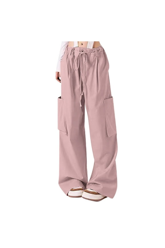 Womens Plus Size Cargo Pants Casual Baggy Drawstring Wide Leg Joggers Teen Girls Streetwear Trousers with Pockets