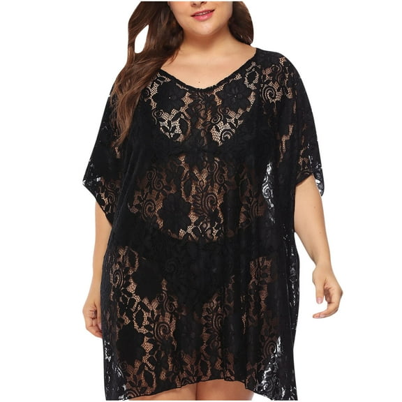 Besolor Womens Plus Size Cover Ups Floral Lace Short Sleeve Hollow out Cover up Summer Swimwear Beach Mini Dress
