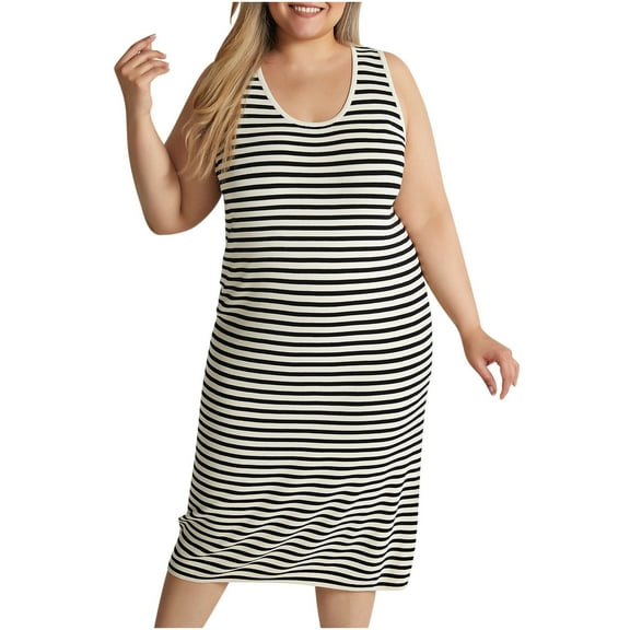 Besolor Womens Plus Size Long Dress Striped Knit Round Neck Sleeveless Tank Dress Casual Summer Midi Dresses