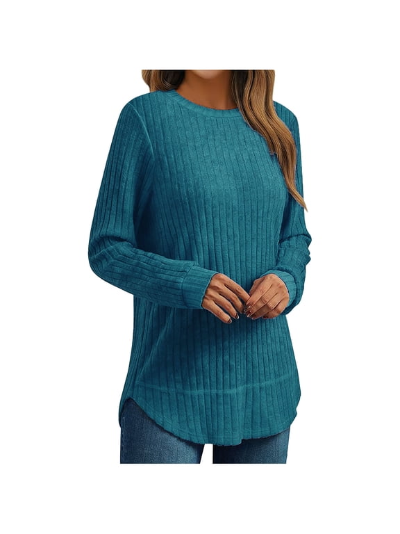Womens Plus Size Long Sleeve Shirts Casual Crewneck Tunic Tops Pullover Sweaters Fall Clothing Curved Hem