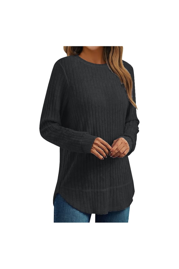 Womens Plus Size Long Sleeve Shirts Casual Crewneck Tunic Tops Pullover Sweaters Fall Clothing Curved Hem