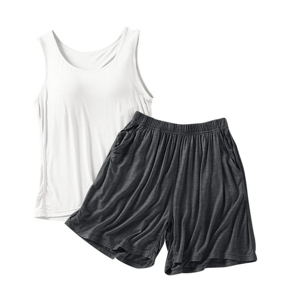 Besolor Womens Plus Size Pajama Set with Built in Bra Casual Sleeveless Tank Top and Shorts Set Sleepwear Pjs