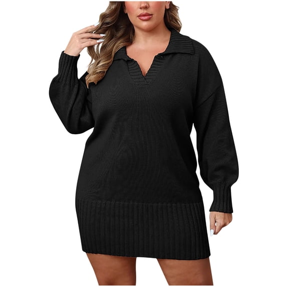 Besolor Womens Plus Size Sweater Dress Lapel V Neck Long Sleeve Knit Fall Mini Dresses Fashion Clothes