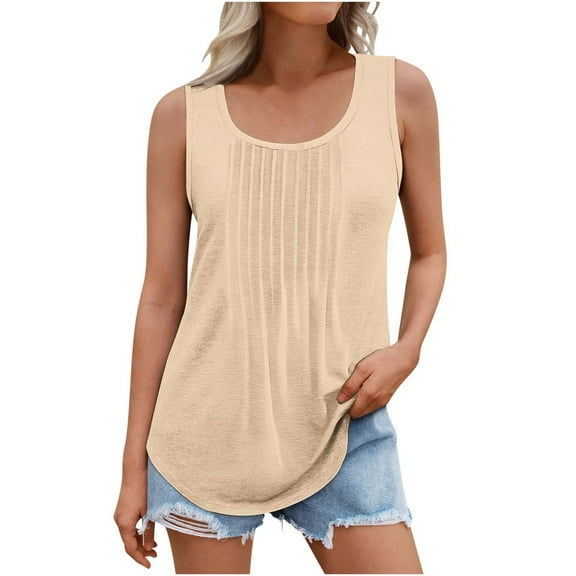 Besolor Womens Plus Size Tank Top Round Neck Sleeveless Basic Shirts Pleated Front Casual Going out Summer Blouse Tees
