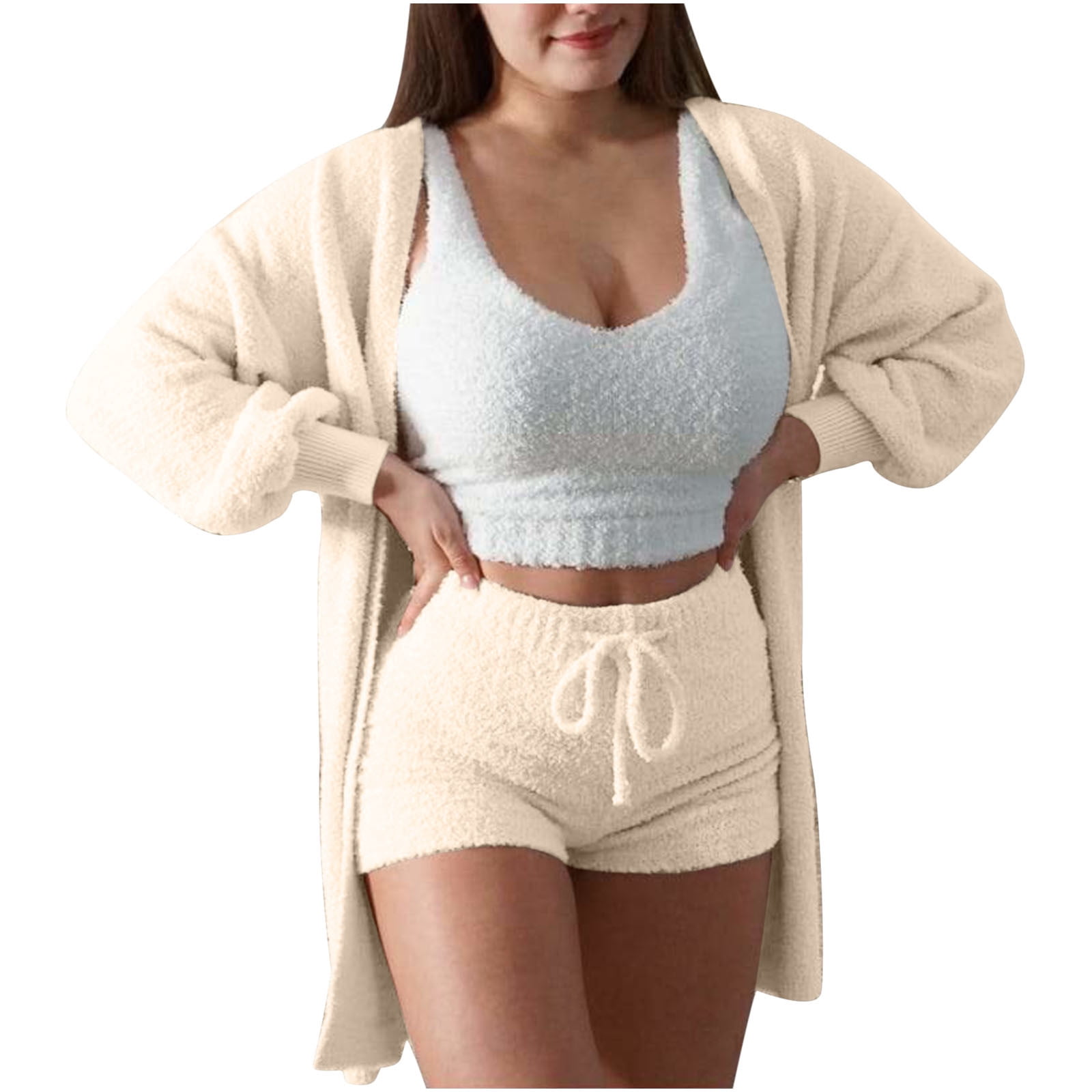 Women's Winter Plush Loungewear Set - 3 Pack Soft Crop Tank Tops And High-Waisted Jogger Pants