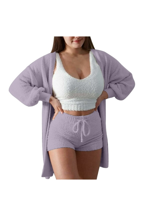 Womens Plush 3 Piece Outfits Fleece Warm Hooded Cardigans Jacket Crop Top and Shorts Set Pajamas Loungewear