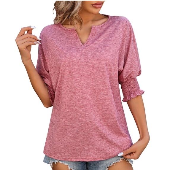 Besolor Womens Puff Sleeve Tops Summer Short Sleeve Casual T-Shirt V Neck Shirts with Smocked Cuffs Tunic Blouse