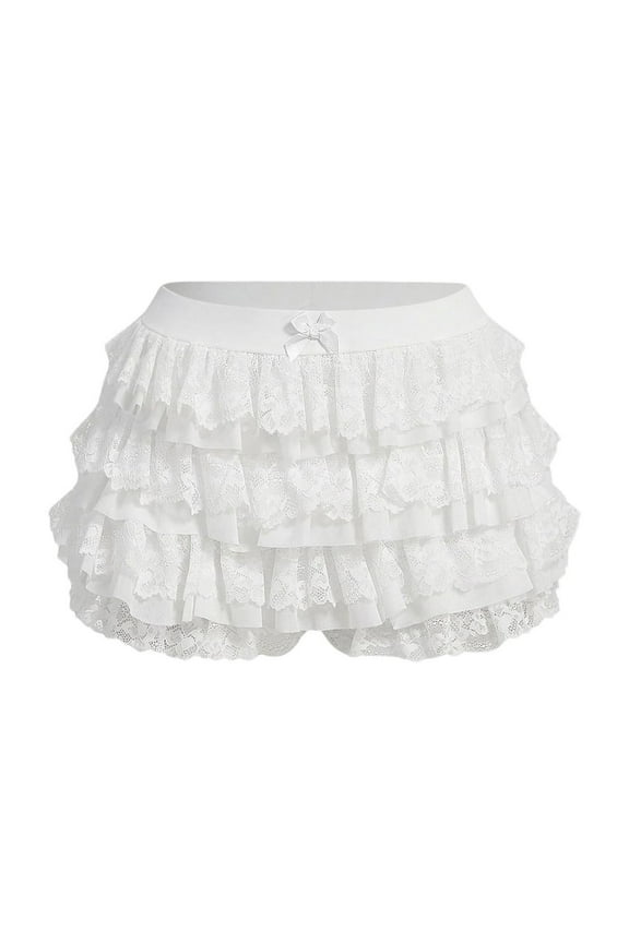 Womens Ruffle Lace Bloomers Shorts Elastic Waist Cute Bow Front Layered Bottoms Boyshorts Pettipants Streetwear