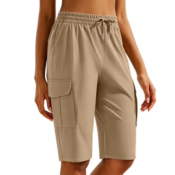 Besolor Womens Running Shorts High Waist Elastic Drawstring Lightweight Quick Dry Casual Athletic Workout Knee Length Shorts with Pocket