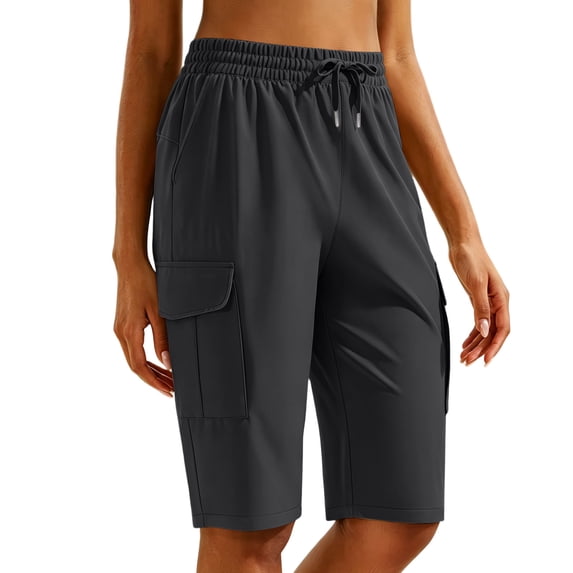 Besolor Womens Running Shorts High Waist Elastic Drawstring Lightweight Quick Dry Casual Athletic Workout Knee Length Shorts with Pocket