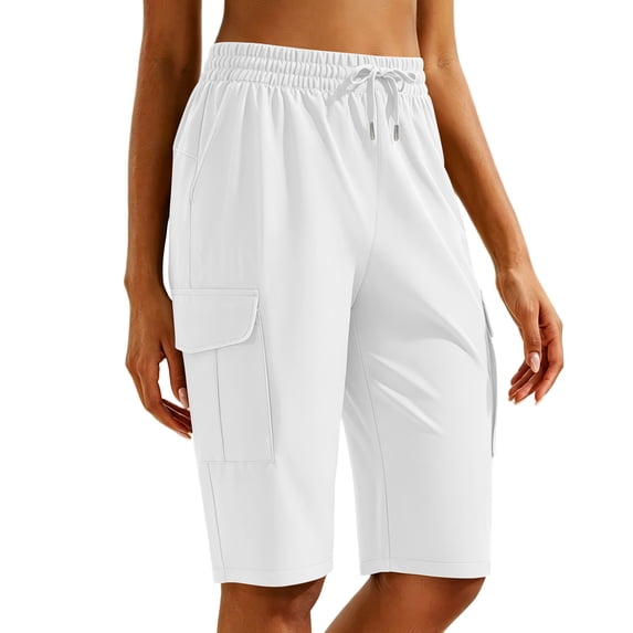 Besolor Womens Running Shorts High Waist Elastic Drawstring Lightweight Quick Dry Casual Athletic Workout Knee Length Shorts with Pocket