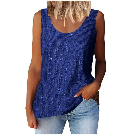 Besolor Womens Sequin Tank Tops Fashion Round Neck Sleeveless Sparkle Shimmer Vest Glitter Party Club Shirts