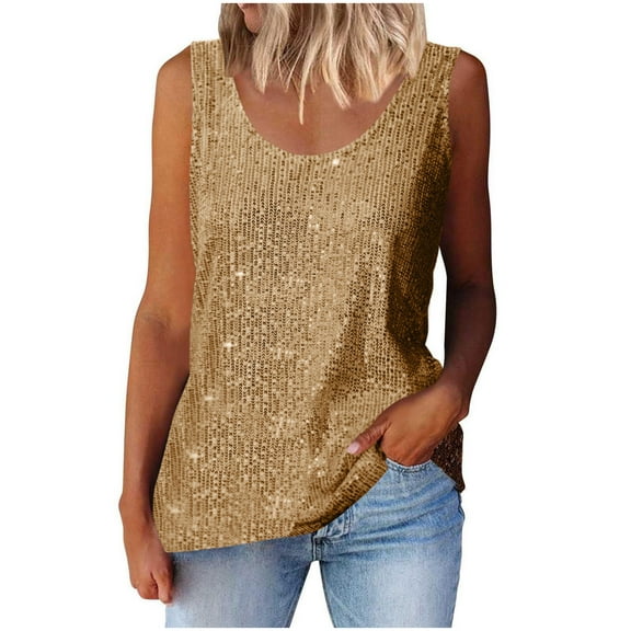 Besolor Womens Sequin Tank Tops Fashion Round Neck Sleeveless Sparkle Shimmer Vest Glitter Party Club Shirts