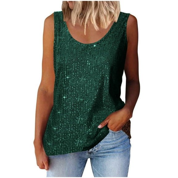 Besolor Womens Sequin Tank Tops Fashion Round Neck Sleeveless Sparkle Shimmer Vest Glitter Party Club Shirts