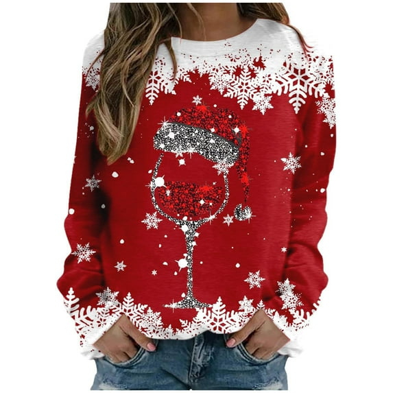 Christmas Sweatshirts for Women Red Wine Glass Ugly Graphic Blouse Casual Loose Long Sleeve Crewneck Pullover Tops