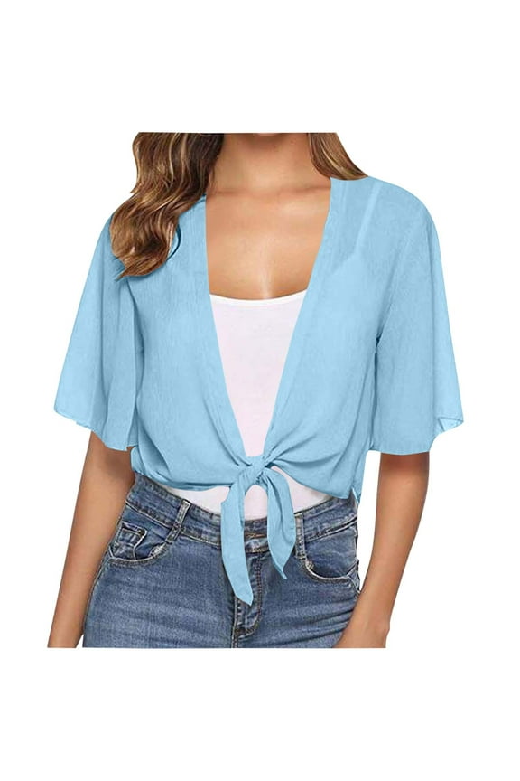 Womens Sheer Cropped Cardigan Summer Casual Solid Color Lightweight Tie Front Short Sleeve Chiffon Shrug