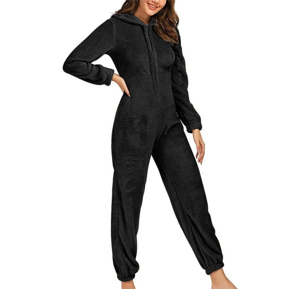 Besolor Womens Sherpa Pajamas Adult Fleece Fuzzy Plush Winter Warm Hooded Romper Jumpsuit Zip-Up Sleepwear with Pockets