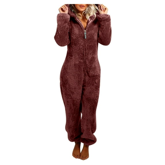 Women Long Sleeve Hooded Jumpsuit Pajamas Casual Winter Warm Rompe Sleepwear