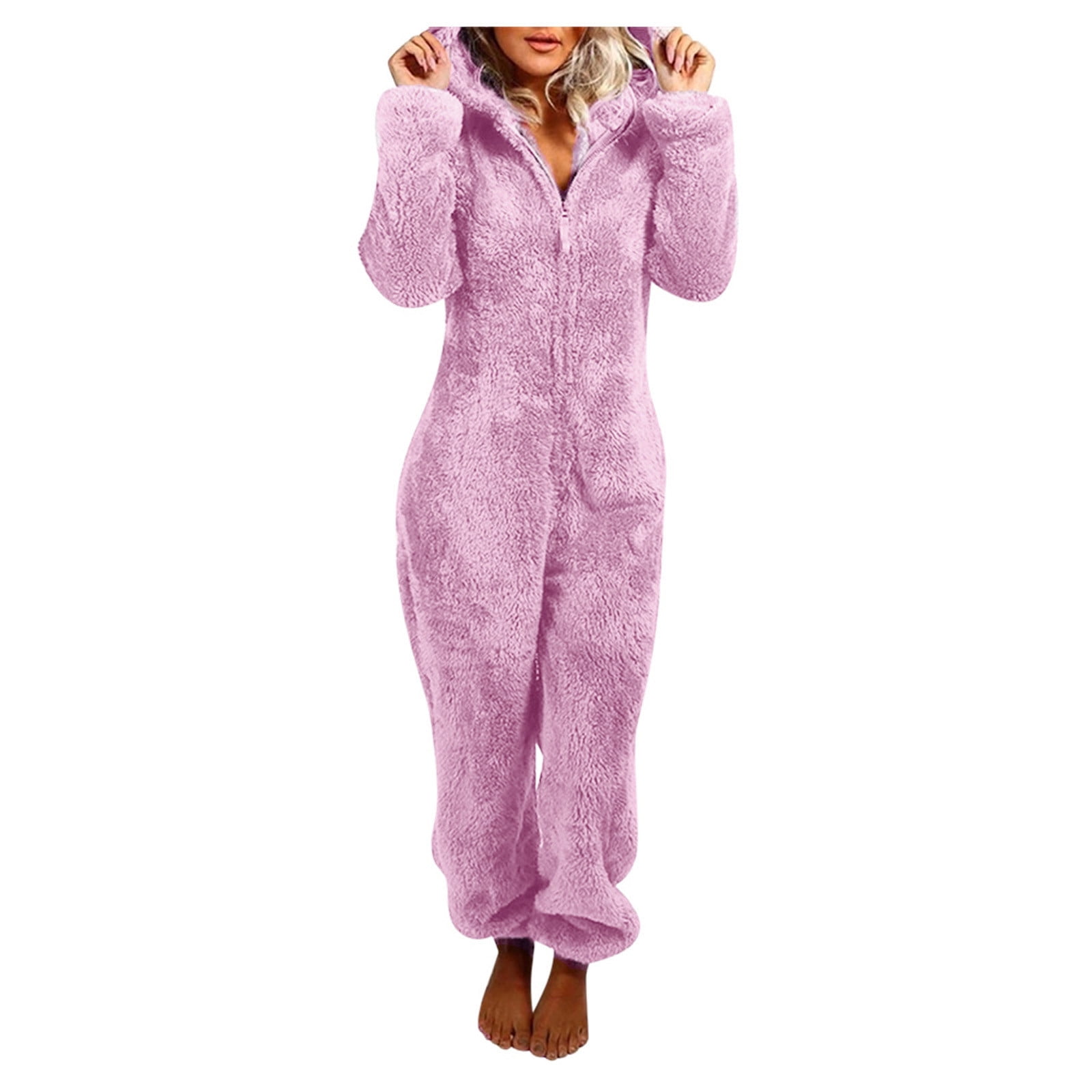 Besolor Womens Sherpa Pajamas Adult Fleece Fuzzy Plush Winter Warm Onesie Hooded Romper Jumpsuit Pjs Zip-Up Sleepwear