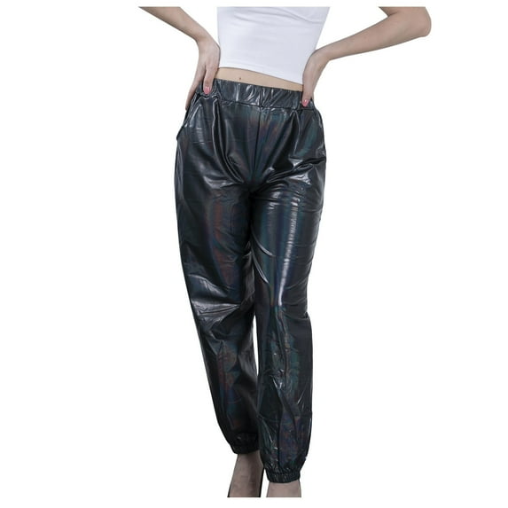 Besolor Womens Shiny Jogger Pants, Casual High Waisted Sparkle Pant Wet Look Pants Trousers Streetwear Club Wear