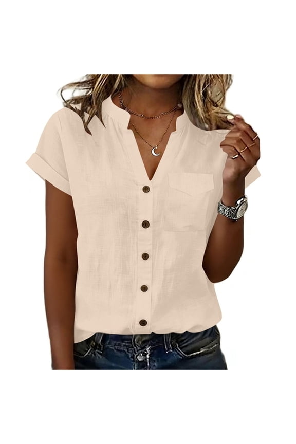 Womens Short Sleeve Button down Shirts Cotton Linen Casual Loose Fitted Lightweight Comfy Work Shirt Tops with Pockets