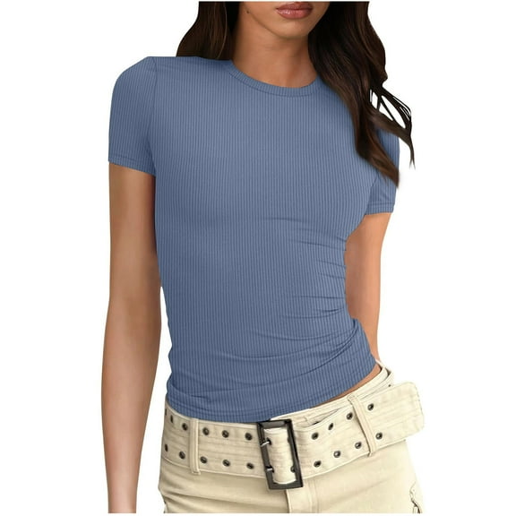 Besolor Womens Short Sleeve Slim Crop Top Going out Tight-Shirts Summer Knit Ribbed Basic Tees Trendy Clothes