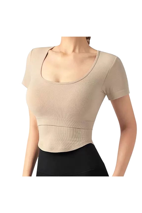 Womens Short Sleeve Square Neck Tops Summer Ribbed Basic T Shirt Casual Slim Workout Yoga Fitness Tees