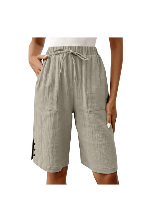 Womens Shorts Summer Knee Length Short Elastic Drawstring High Waist Wide Leg Side Slit Loose Casual Half Pants with Pockets