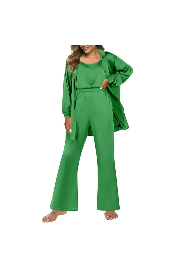 Womens Silk 3 Piece Pajamas Satin Camisole Button down Cardigans with Wide Leg Pants Sets Loungewear S-XXL Green