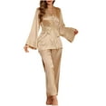 thumbnail image 1 of Besolor Womens Silk Satin Pajama Sets Casual Long Sleeve Belted Robes and Pants Loungewear Set Sleepwear Pjs, 1 of 3