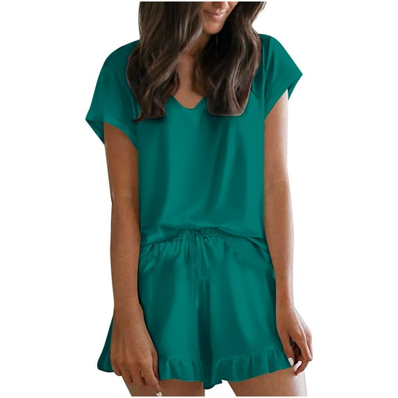 Besolor Womens Silk Satin Pajamas 2 Piece Outfits V Neck Short Sleeve Tops and Ruffle Shorts Sets Sleepwear Pjs