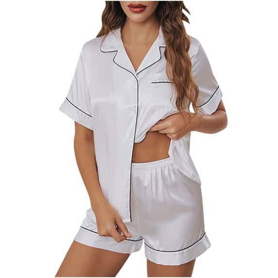 Besolor Womens Silk Satin Pajamas 2 Piece Short Sleeve Button down Shirts and Shorts Sets Sleepwear Pjs Plus Size