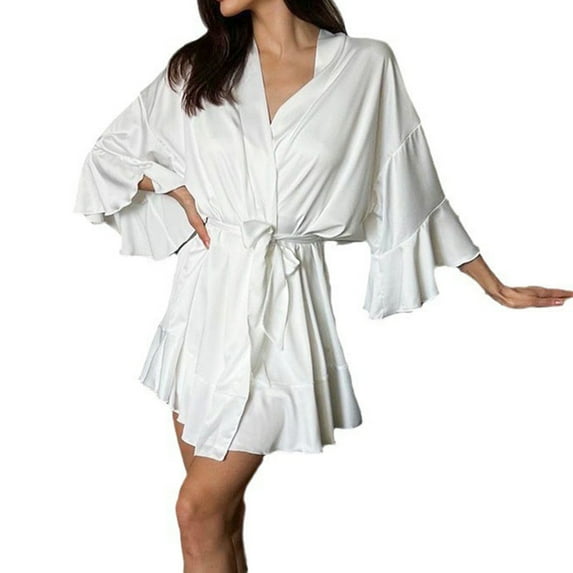 Besolor Womens Silk Satin Robes V Neck Ruffle Long Sleeve Bathrobe Casual Pajama Mini Dress Sleepwear with Belt