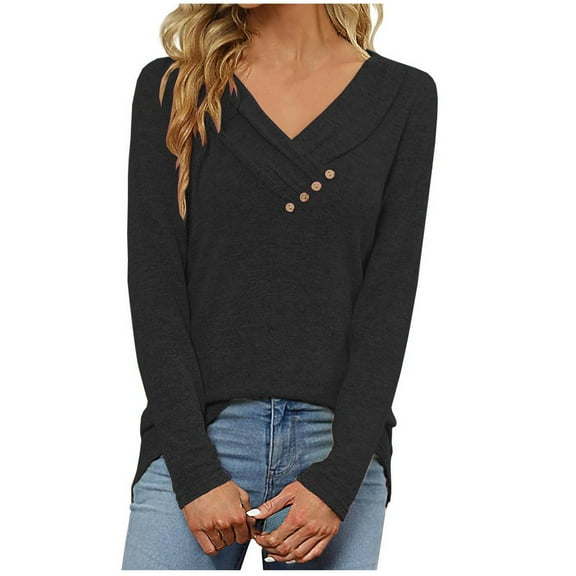 Besolor Womens Spring Fall Tunic Tops Trendy V Neck Button Long Sleeve T-Shirt Casual Solid Color Ladies Going out Blouse