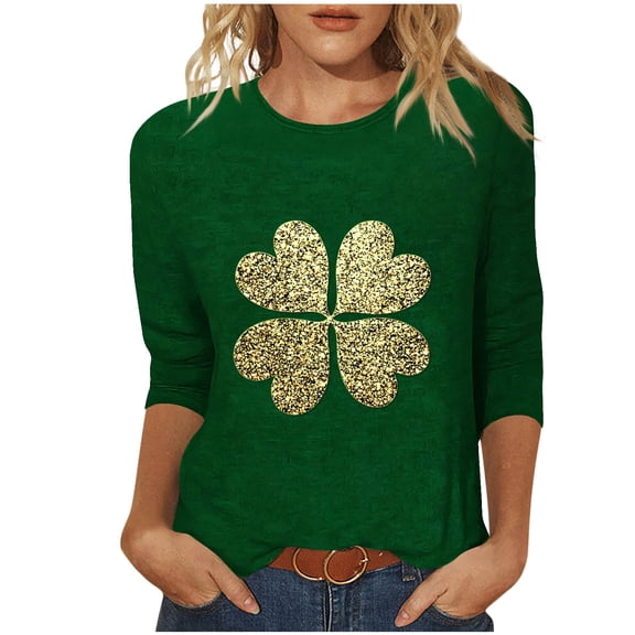 Besolor Womens St. Patrick's Day Shirts Crewneck 3/4 Length Sleeve Plus Size Tops Shamrock Graphic Holiday Blouses
