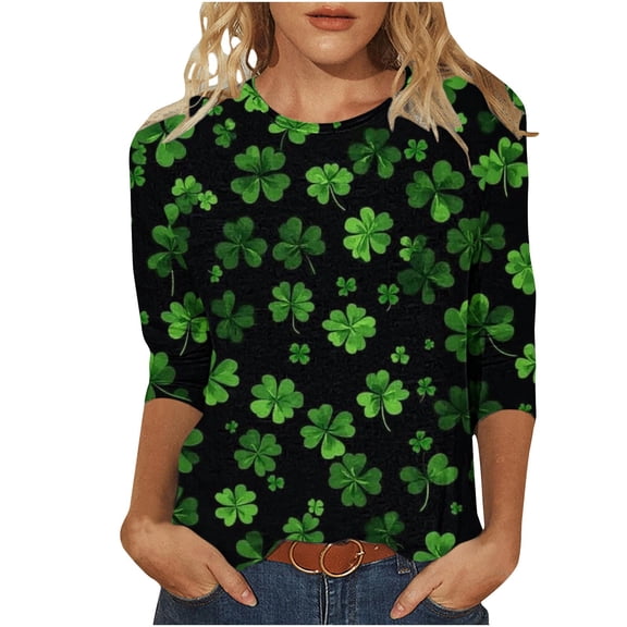 Besolor Womens St. Patrick's Day Shirts Crewneck 3/4 Length Sleeve Plus Size Tops Shamrock Graphic Holiday Blouses
