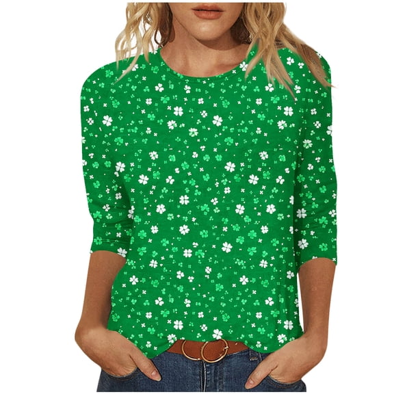 Besolor Womens St. Patrick's Day Shirts Crewneck 3/4 Length Sleeve Plus Size Tops Shamrock Graphic Holiday Blouses