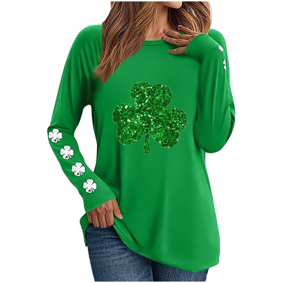 Besolor Womens St. Patrick's Day Shirts Crewneck Long Sleeve Plus Size Tops Shamrock Graphic Holiday Blouses