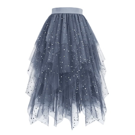 Besolor Womens Star Sequin Tulle Skirts High Waisted Mesh Layered A-Line Fairy Party Prom Midi Long Skirts