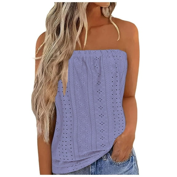 Besolor Womens Strapless Bandeau Tube Tops Casual Eyelet Embroidery Shirts Summer Vacation Trendy Backless Tank Tops