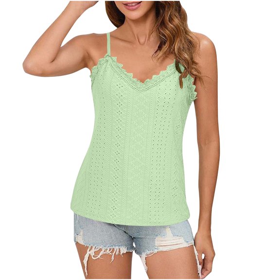 Besolor Womens Summer Cami Tops Trendy Lace Trim Spaghetti Straps Camisole V Neck Sleeveless Eyelets Shirts